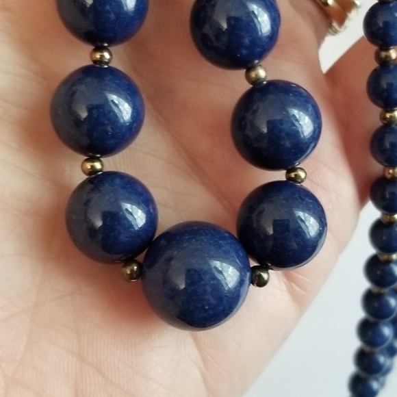 Vintage blue stone bead necklace gold tone Lapis Lazuli? Elegant boho - Picture 12 of 16